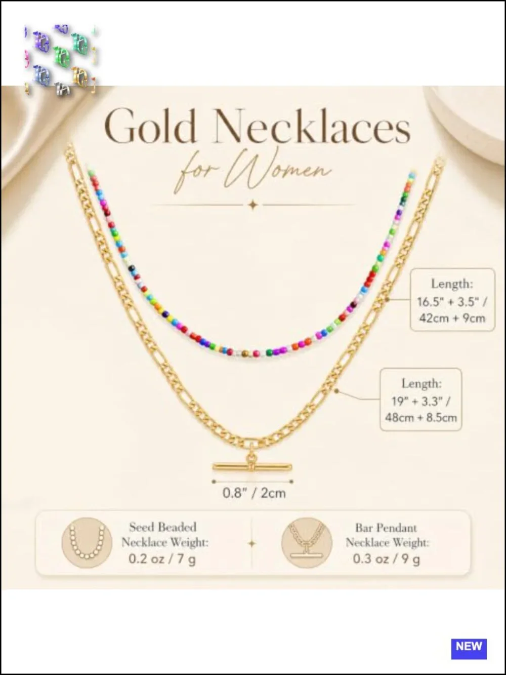 Seed Beaded Layered Necklace Set 14K Gold Plated Figaro Chain Bar Pendant